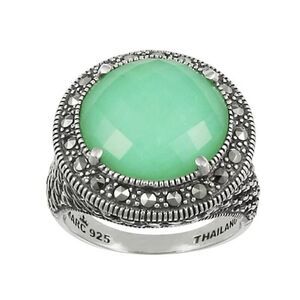 QVC Suspicion Size 7 Jade Sterling Silver Marcasite‎ Ring Cocktail Signed New
